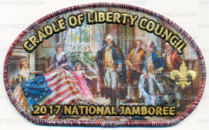 Patch Scan of Cradle of Liberty - 2017 National Jamboree- Betsy Ross Presenting Flag (Red, White & Blue Border) 