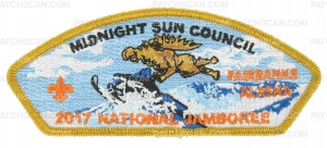 Patch Scan of 2017 National Jamboree - Midnight Sun Council - Moose on Snow-ski - Gold Border