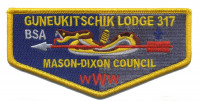GUNEUKITSCHIK LODGE 317- POCKET FLAP YELLOW BORDER Mason-Dixon Council #221(not active) merged with Shenandoah Area Council