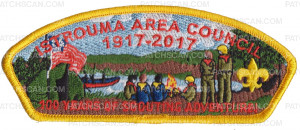 Patch Scan of Istrouma Area Council - 100 years of Scouting Adventure CSP- Red Border