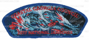 Patch Scan of 2017 National Jamboree - Coastal Georgia Council - Blue and red dragon - Black Ghosted Background 