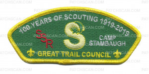 Patch Scan of Great Trail Council - 100 years of Scouting Camp Stambaugh CSP REORDER
