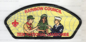 Patch Scan of Rainbow Council 2026 NJ three Scouts pointing JSP black  borderblack border